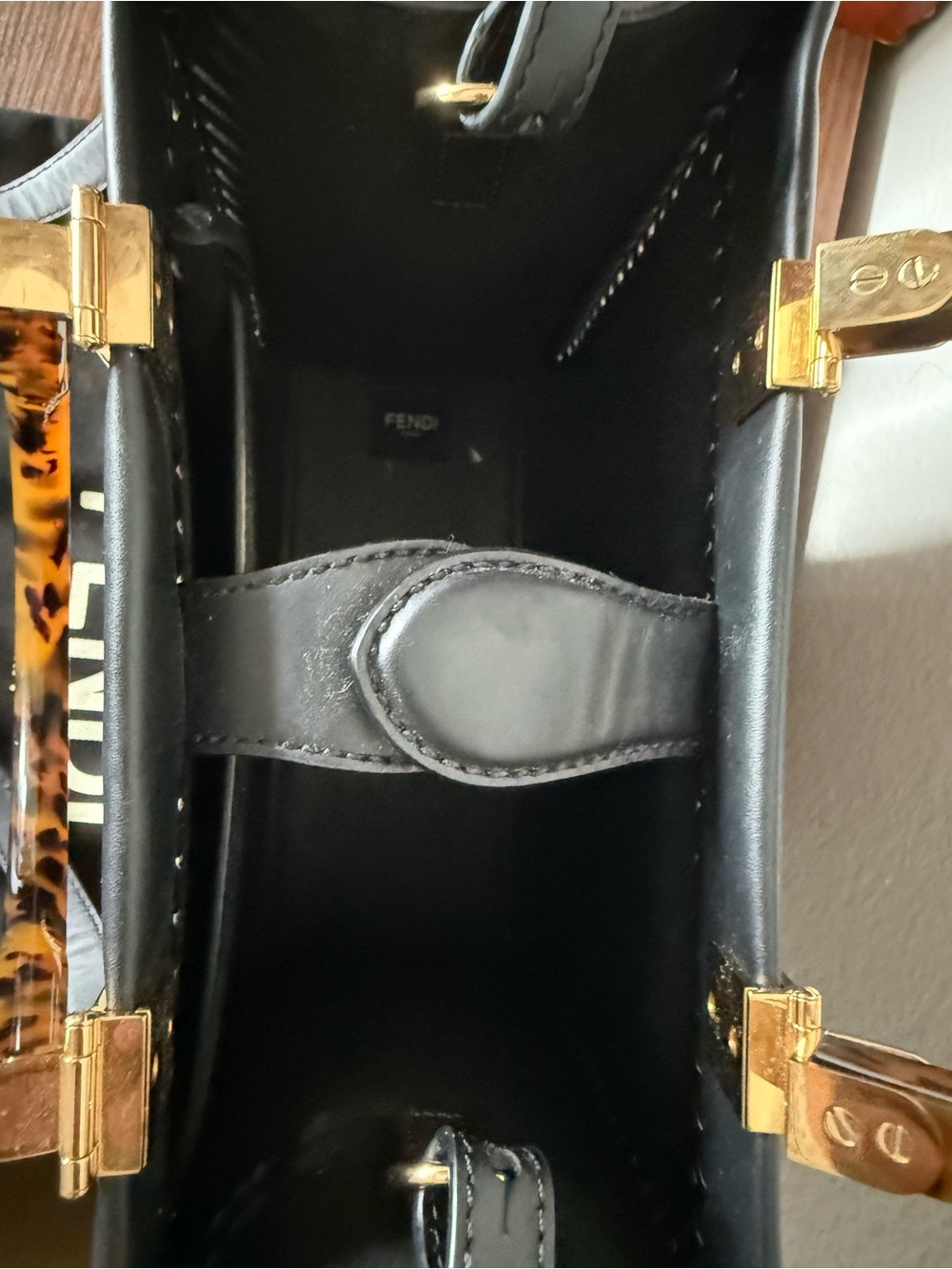 Fendi Black Leather Satchel with Tortoiseshell Handle and Gold Hardware - Picture 7 of 17